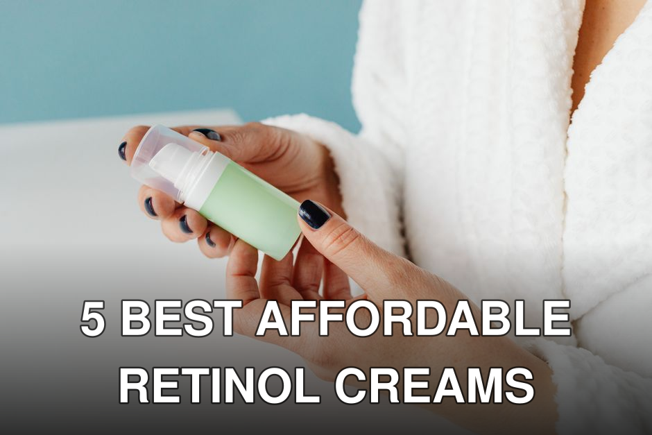 A person in a bathrobe holding a skincare product, focusing on hands and bottle.