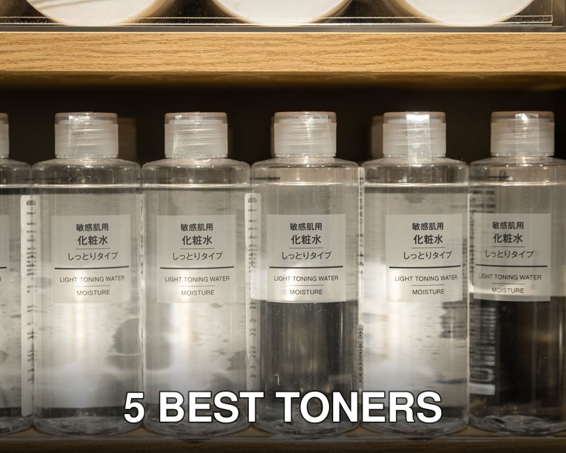 Close-up of Muji light toning water moisture bottles on a shelf.