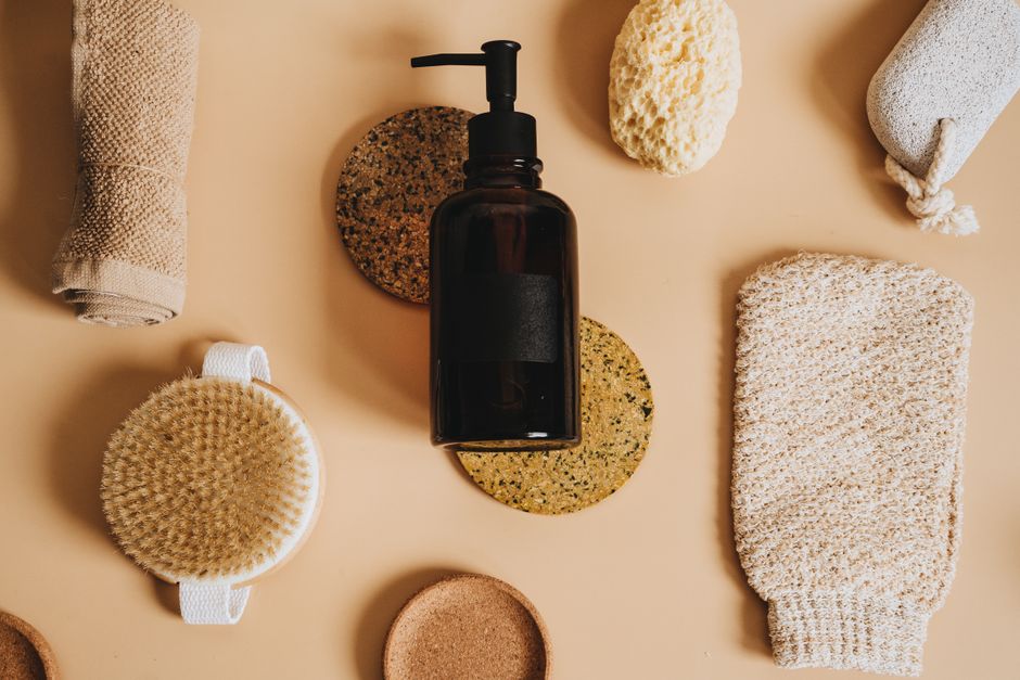 Organic skincare essentials arranged in a flat lay for a minimalist aesthetic.