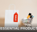 White shopping bag with red sale tag and mini shopping cart on beige background.