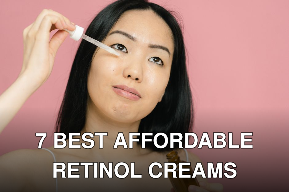 A woman applying facial serum with a dropper for skin care on a pink background.