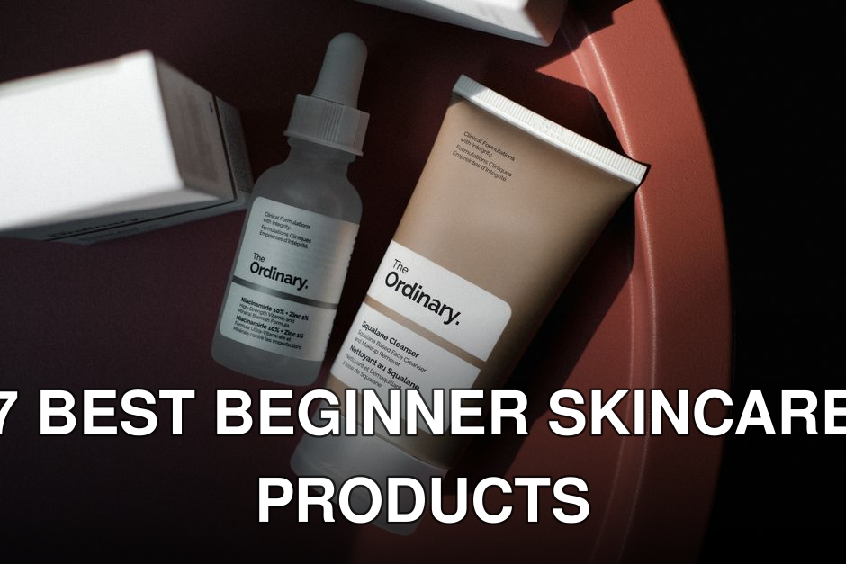 Chic minimalist shot of The Ordinary skincare products on a rose-colored background.