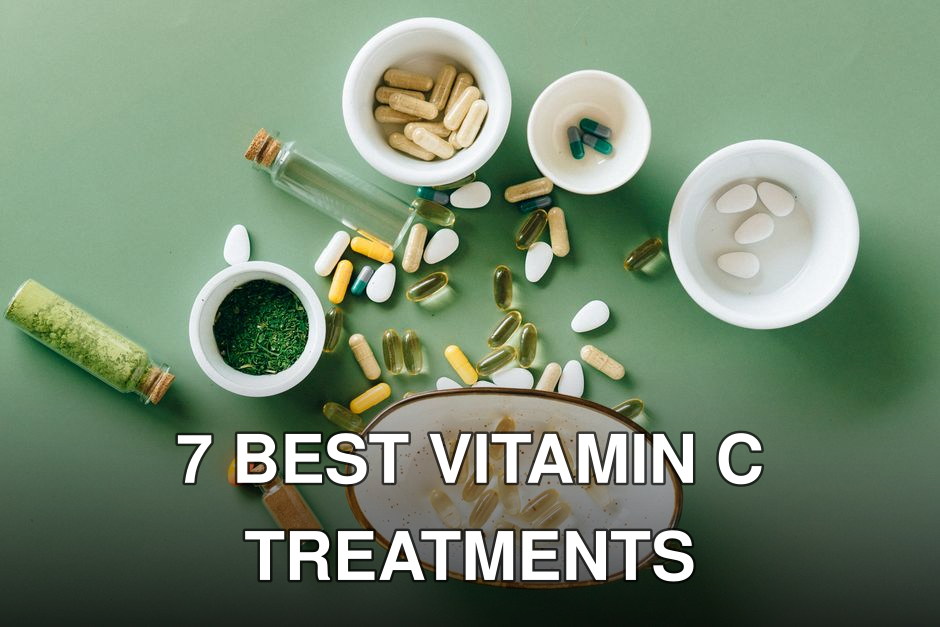 Top view of various herbal and pharmaceutical supplements in ceramic bowls on a green background.