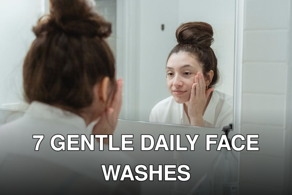 Woman looking at her reflection in the mirror while applying skincare products.