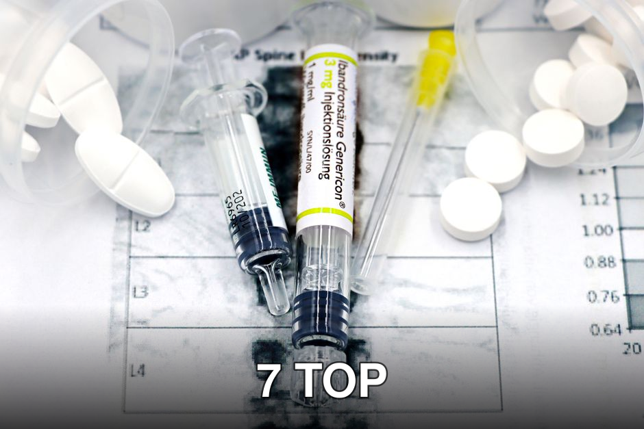Close-up of syringes and pills on a bone density exam sheet, depicting osteoporosis treatment.