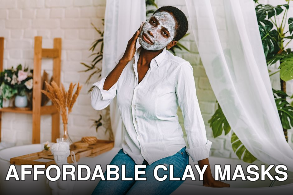 A woman enjoying a skincare routine with a clay face mask, seated indoors with a serene backdrop.