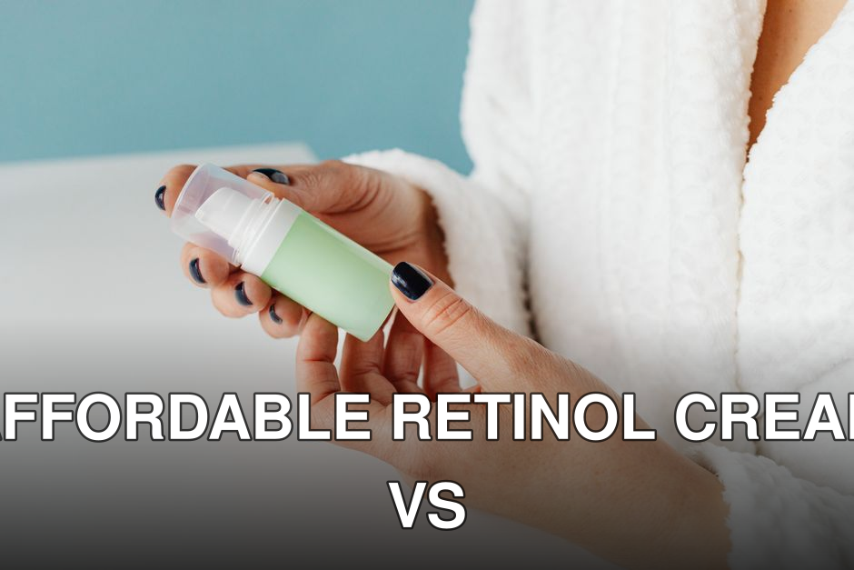 A person in a bathrobe holding a skincare product, focusing on hands and bottle.