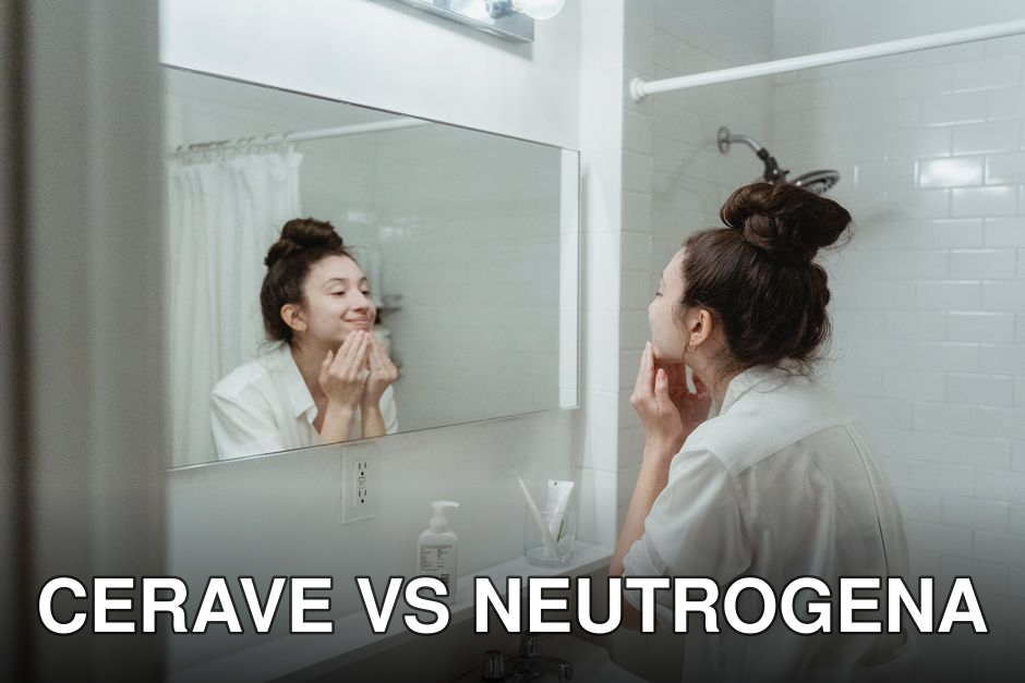 A woman applying skincare cream while looking in the bathroom mirror.