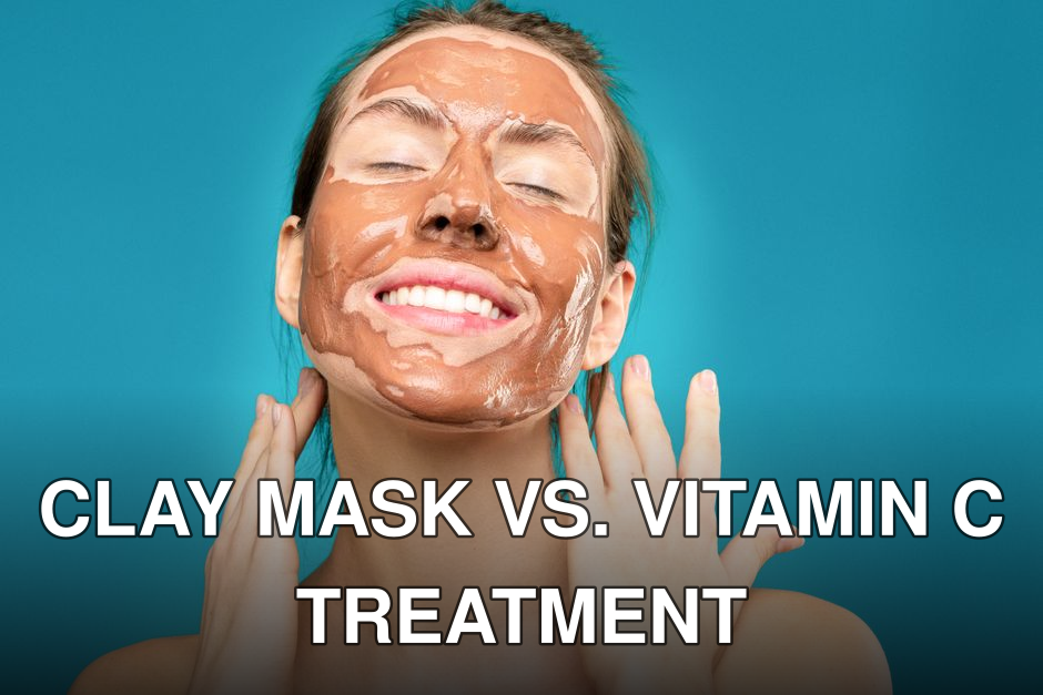 Close-up of a smiling woman with a clay facial mask, conveying relaxation and skincare routine.