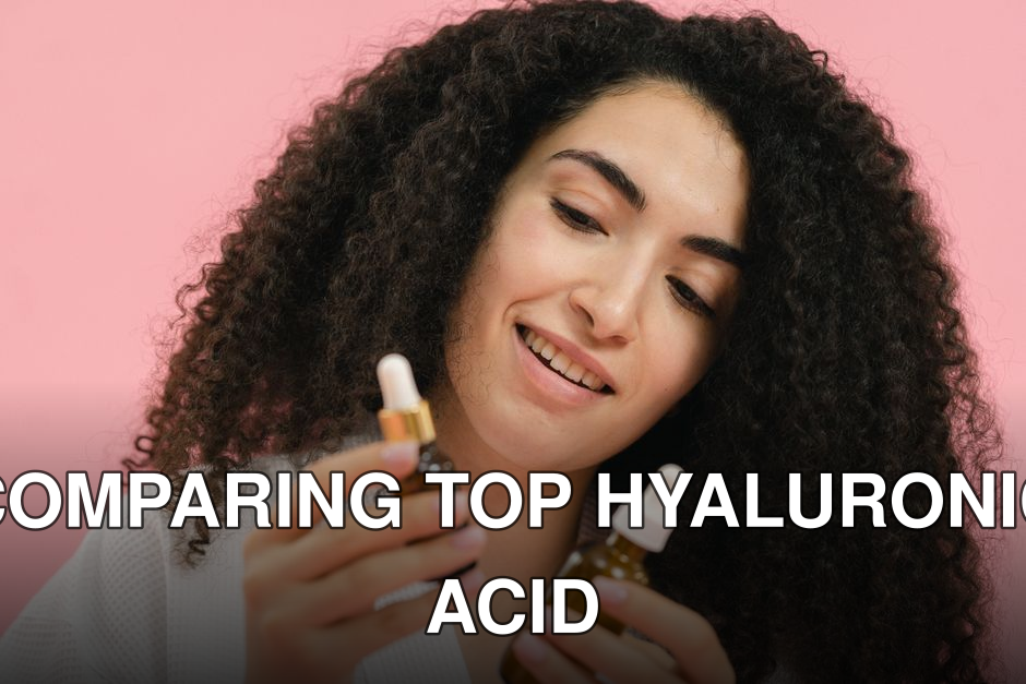 A young woman analyzes skincare bottles, set against a pink backdrop.