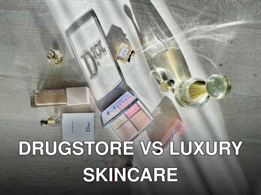High-angle shot of Dior cosmetics and perfumes casting artistic shadows.
