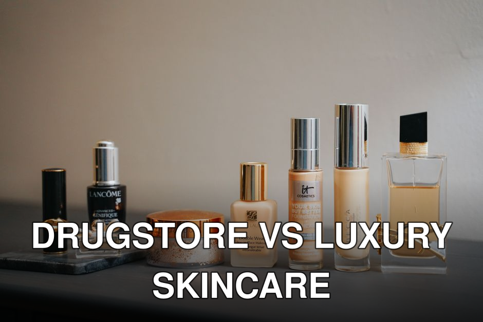 A stylish display of various beauty products including makeup and perfume bottles.