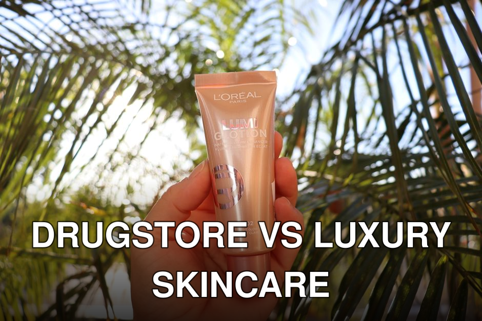 L'Oréal Lumi Glotion held by a hand with tropical palm leaves background, bright and vibrant.