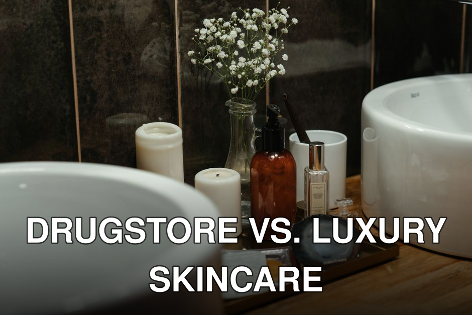 A stylish arrangement of skincare products and candles in a modern bathroom setting, perfect for self-care ambiance.