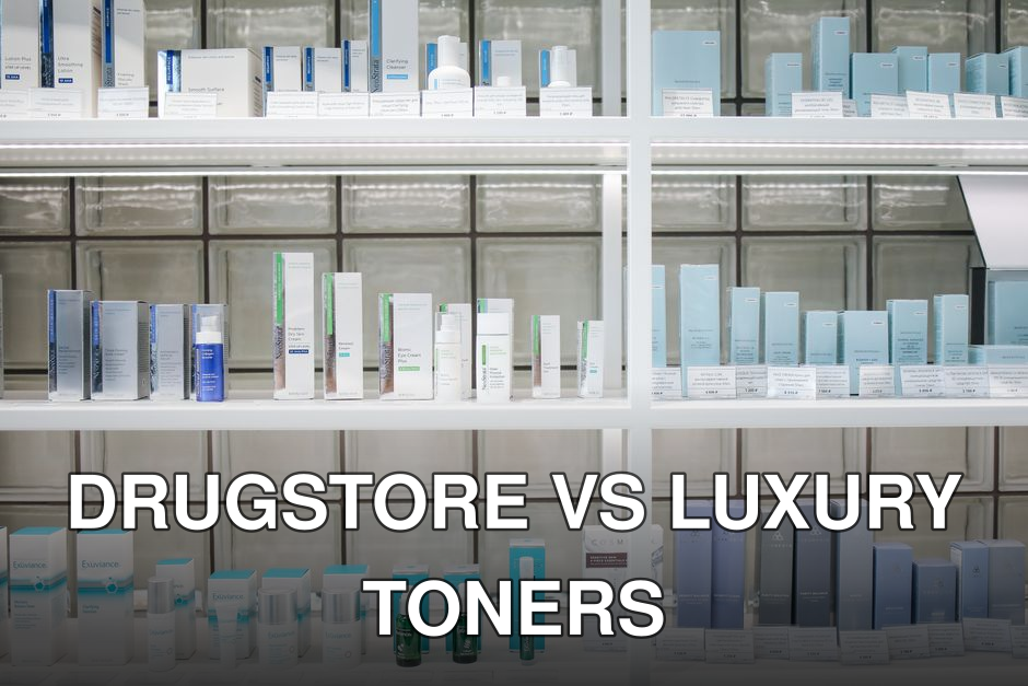 A clean and organized display of skincare products on shelves, perfect for beauty enthusiasts.
