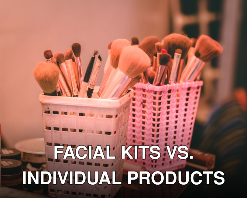 Collection of various makeup brushes organized neatly in pink and white holders.
