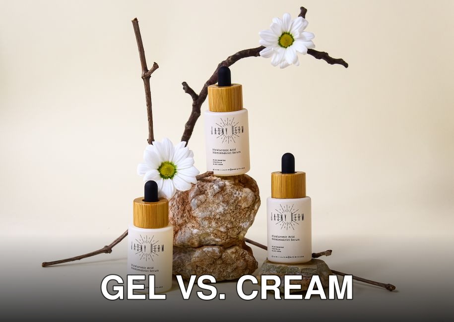 Organic hyaluronic acid serum bottles with floral and stone arrangement on neutral background.