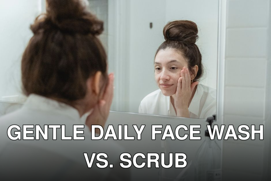 Woman looking at her reflection in the mirror while applying skincare products.