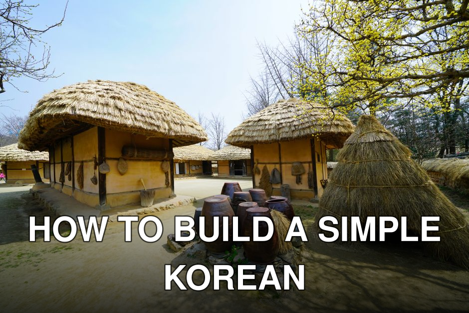 Charming traditional Korean village huts with straw roofs and vases in springtime.