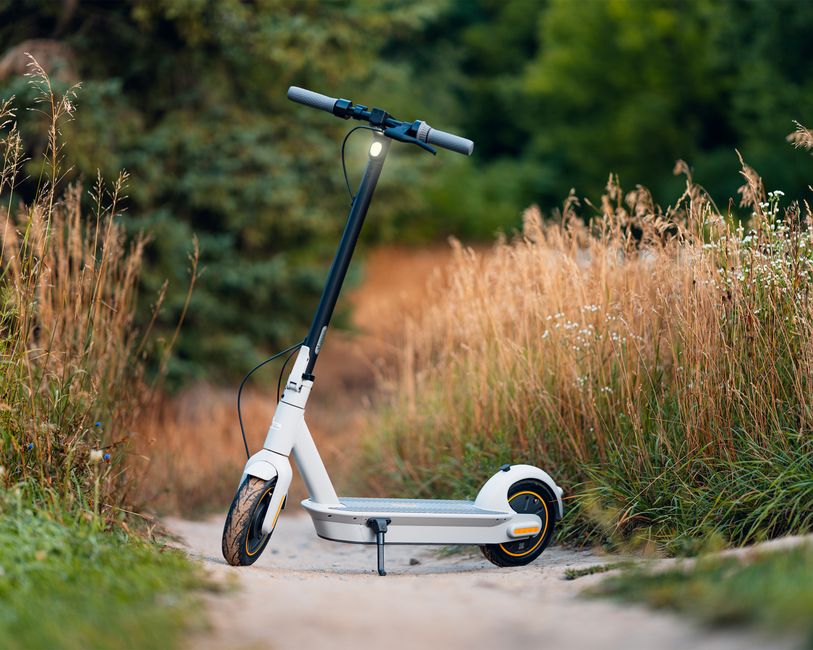 Eco-friendly electric scooter on a scenic rural path between tall grass and greenery.