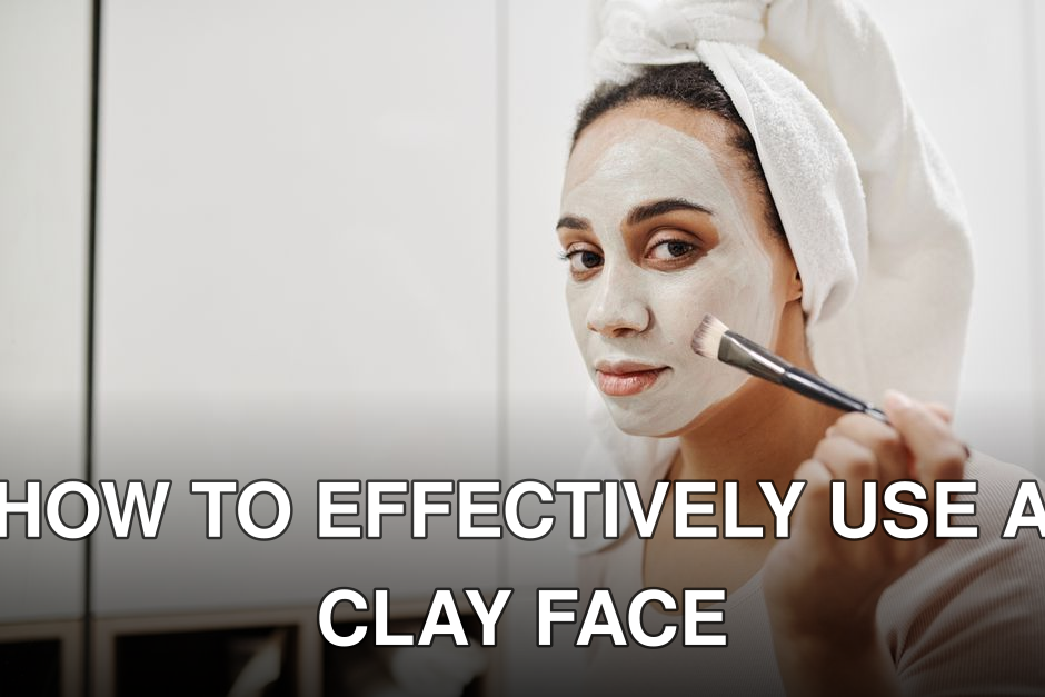 Adult woman using a makeup brush to apply a facial clay mask as part of her skincare routine at home.
