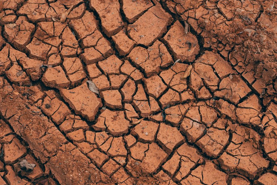 Close-up of cracked red soil, illustrating drought effects.