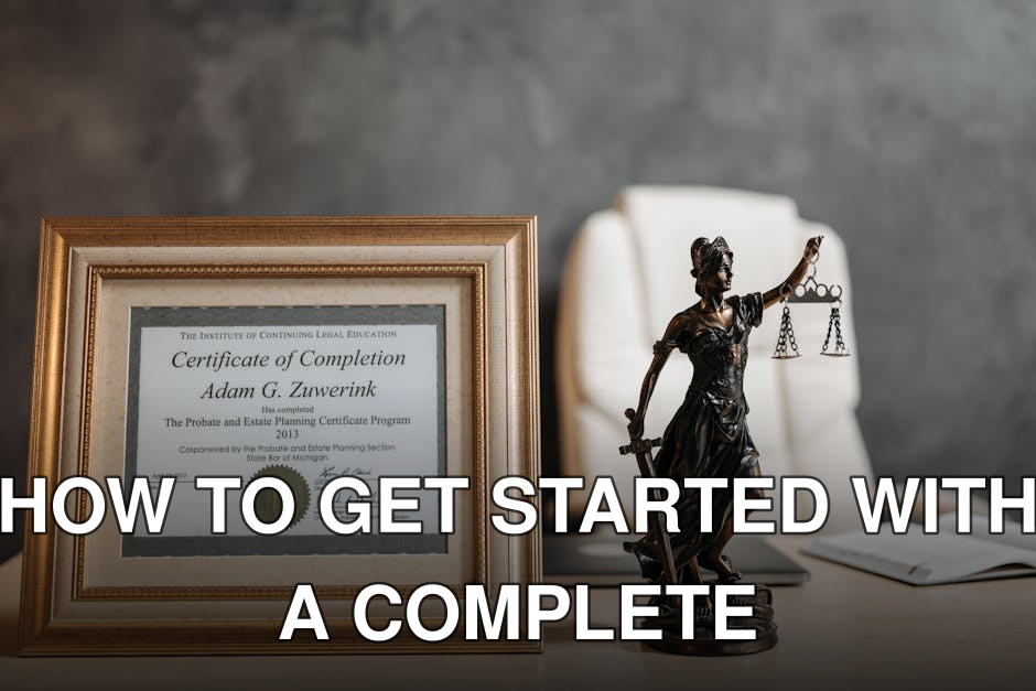 A framed legal certificate and Lady Justice figurine on a desk in a law office setting.