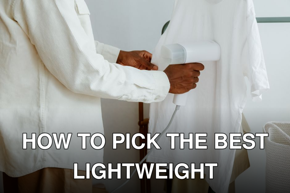 A man uses a steam iron to remove wrinkles from a white shirt hanging on a rack indoors.