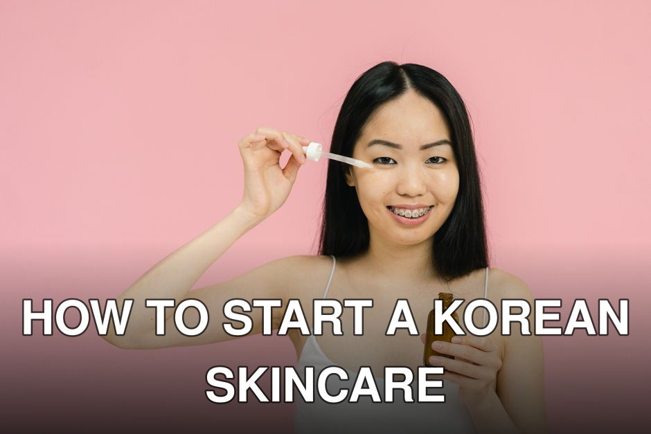 Smiling woman with braces applying facial serum on a pink background, highlighting skincare routine.