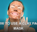 Close-up of a smiling woman with a clay facial mask, conveying relaxation and skincare routine.