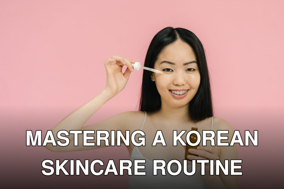 Smiling woman with braces applying facial serum on a pink background, highlighting skincare routine.