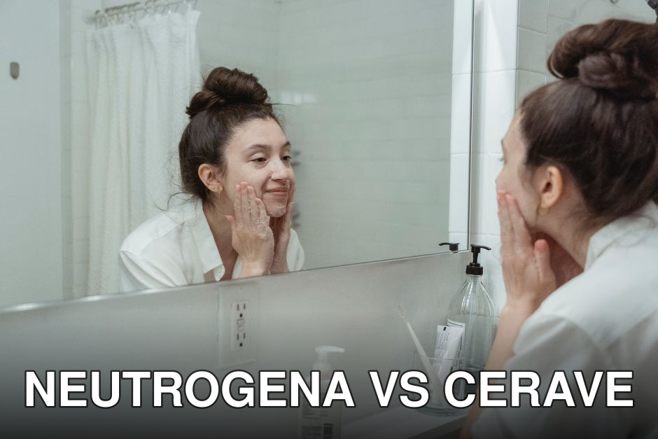Woman performing skincare routine in a bathroom, applying face cream while looking into a mirror.