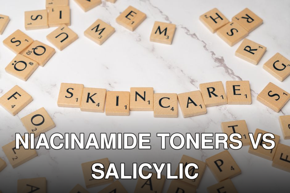 Wooden letter tiles spelling 'skincare' on a marble surface, symbolizing beauty.