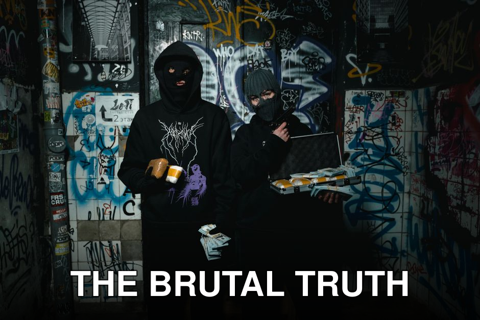 Two masked individuals with money in a graffiti-covered room, suggesting themes of crime and anonymity.