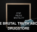 Top view composition of framed black image with white text Stop Police Brutality near medical protective mask