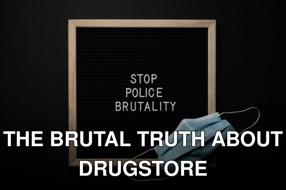 Top view composition of framed black image with white text Stop Police Brutality near medical protective mask