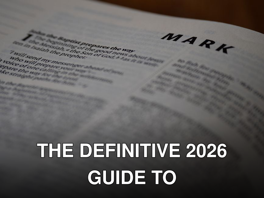 Open Bible showing text of the Gospel of Mark with a focus on religious scripture.