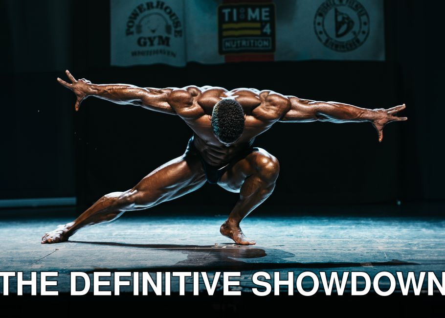 Powerful bodybuilder showcasing muscles in dramatic stage pose.