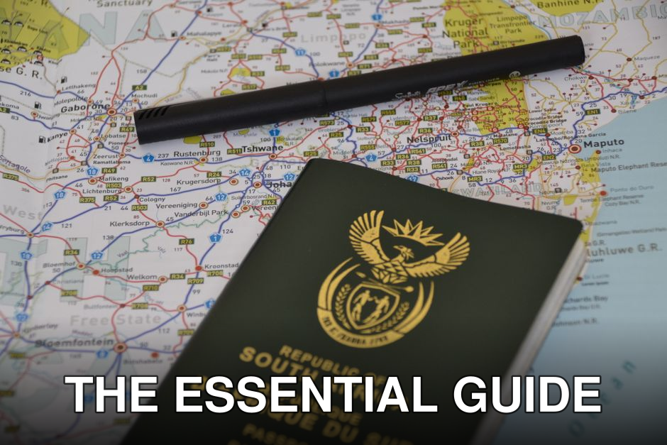 A South African passport rests on a detailed map, symbolizing travel and exploration.
