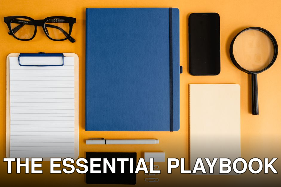 Top view of various stationery items including notebooks and glasses on a vibrant yellow surface.