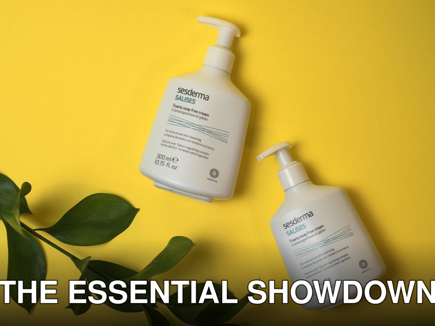 Top view of Sesderma skincare products on a vibrant yellow backdrop with green leaves.