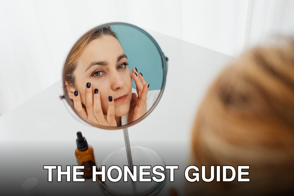 A woman touches her face while looking into a mirror with a skincare bottle nearby.