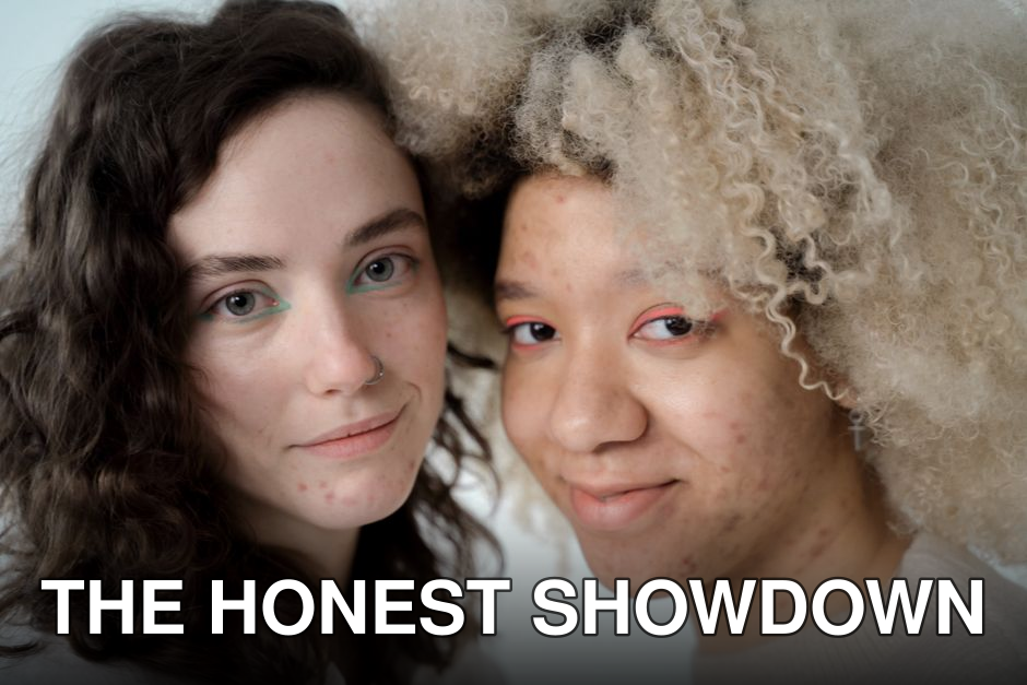 Close-up portrait of two diverse women with natural makeup, embracing self-confidence.
