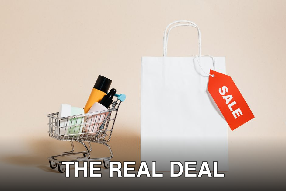 Minimalist image featuring a shopping cart with products and a sale-tagged bag.