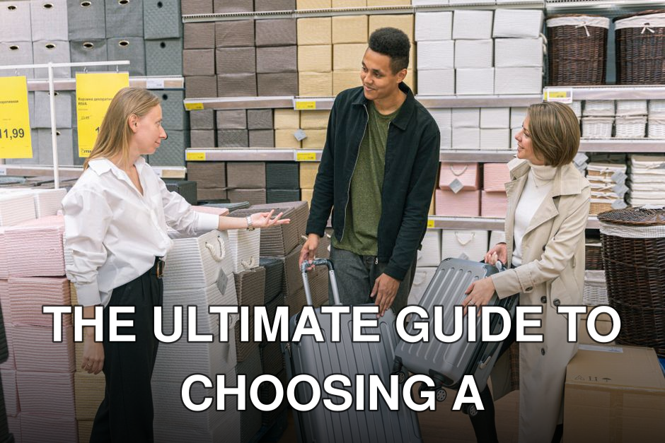 Couple interacting with store assistant while selecting suitcases in a retail store.