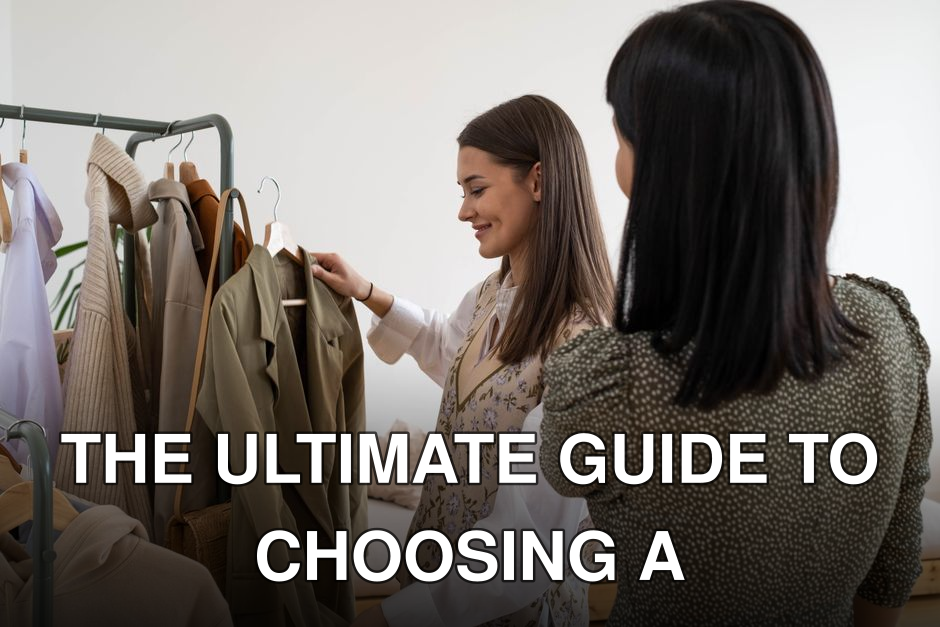 Two women selecting fashionable clothes from a rack with smiles.
