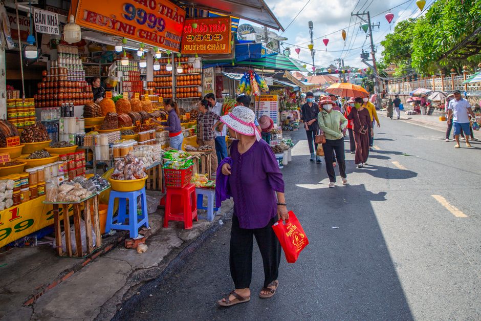 Bustling Vietnamese street market with people shopping for various goods. Bright daylight setting.