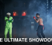 Two martial artists engage in a dynamic showdown amidst dramatic smoke on stage.