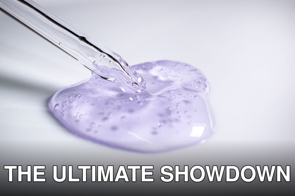 A pipette dispensing clear purple cosmetic gel onto a smooth surface.