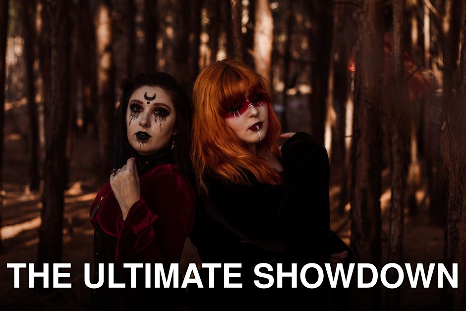 Two women dressed as witches stand in a dark, enchanted forest, exuding mystery.